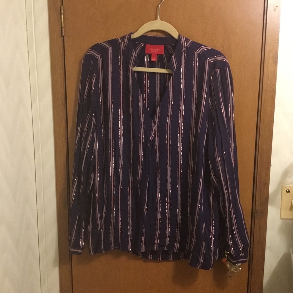 Jennifer Lopez Navy Blouse with Metallic Rose Gold Stripes XL